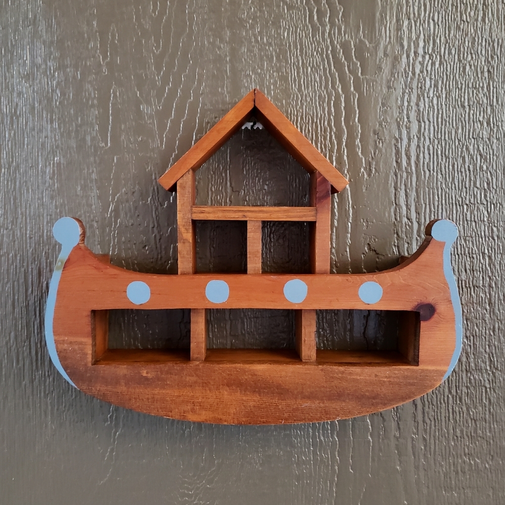 Vintage Handmade Folk Art Wooden Boat Wall Shelf Ornament Display Nautical Decor
